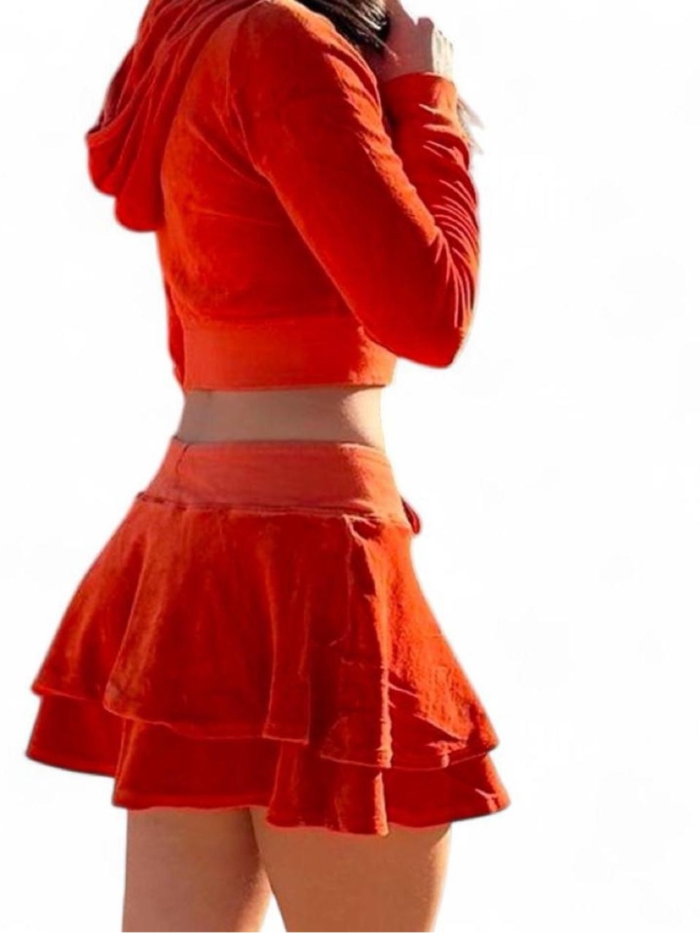 🍊GORGEOUS ORANGE VELOUR JUICY COUTURE TRACKSUIT CROPPED HOODIE SKIRT SET